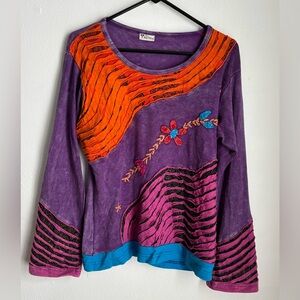 India Boutique Artsy Patchwork Embroidered Top Long‎ Sleeve Bohemian Shirt OS